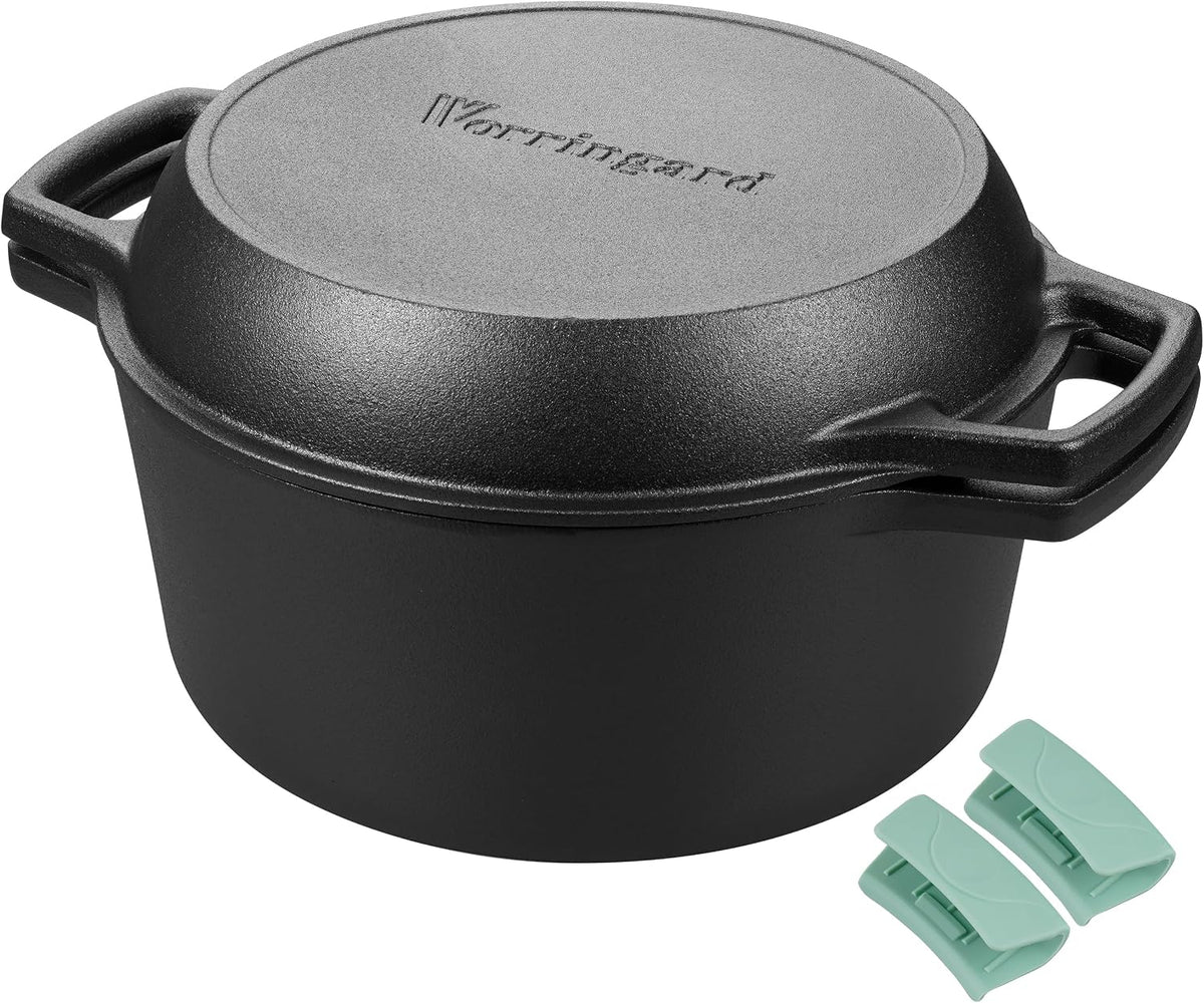VORRINGARD Pre-seasoned Cast Iron Double Dutch Oven Pot with Skillet Lid, Dual-handle, for Bread Baking, Outdoor, Campfire Cooking, 5 Quart