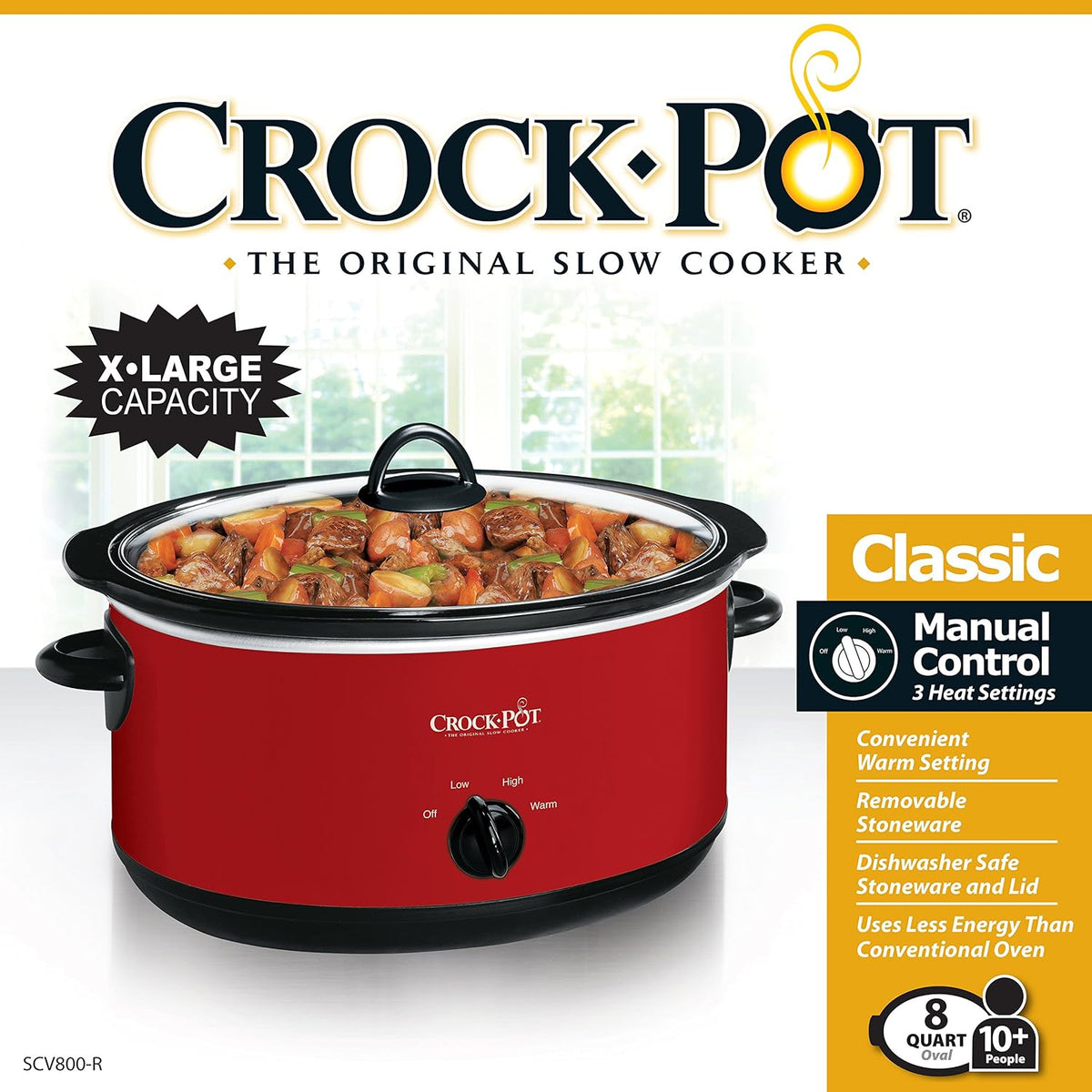 Crock-Pot 8-Quart Manual Slow Cooker, XL Family Size Serves 10+ People, Removable Stoneware with Warming Setting, Dishwasher Safe for Easy Cleanup, Red