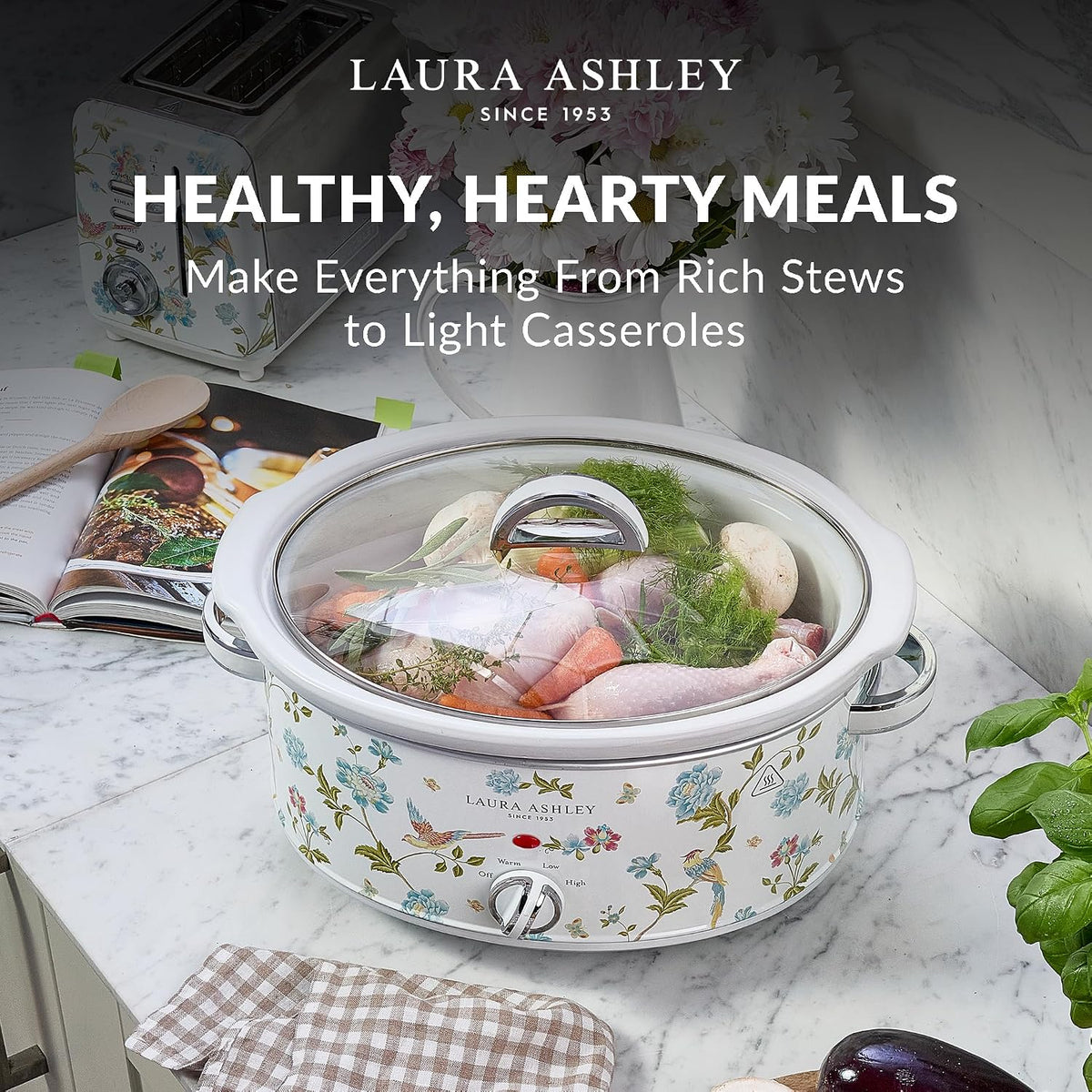 Laura Ashley Elveden White Small Slow Cookers 3.7 Quarts,Slow Cooker 3.7QT
