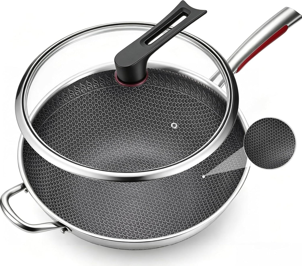 14-Inch Stainless Steel Wok Pan with Glass Lid, Tri-Ply Nonstick Wok