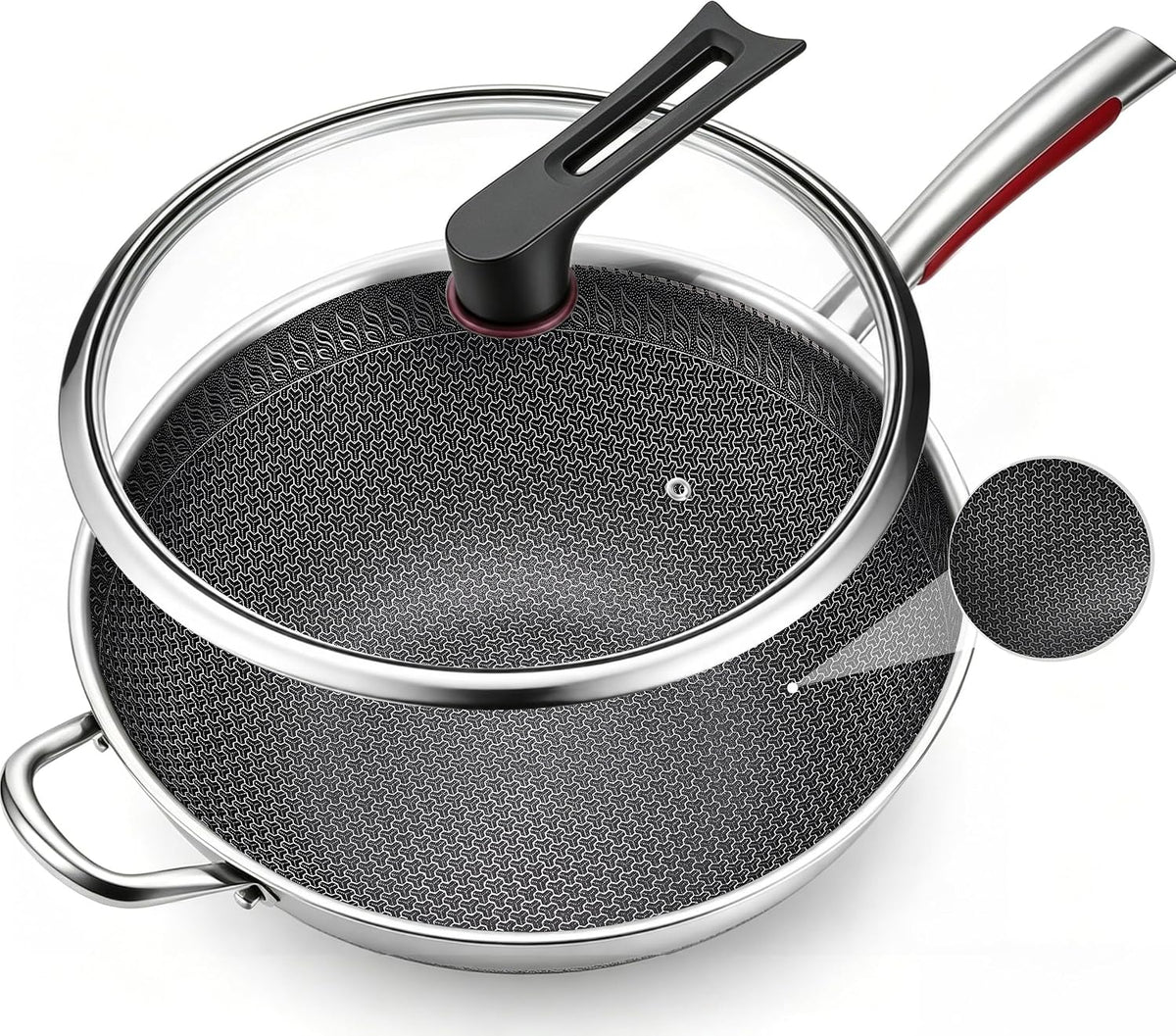 14-Inch Stainless Steel Wok Pan with Glass Lid, Tri-Ply Nonstick Wok