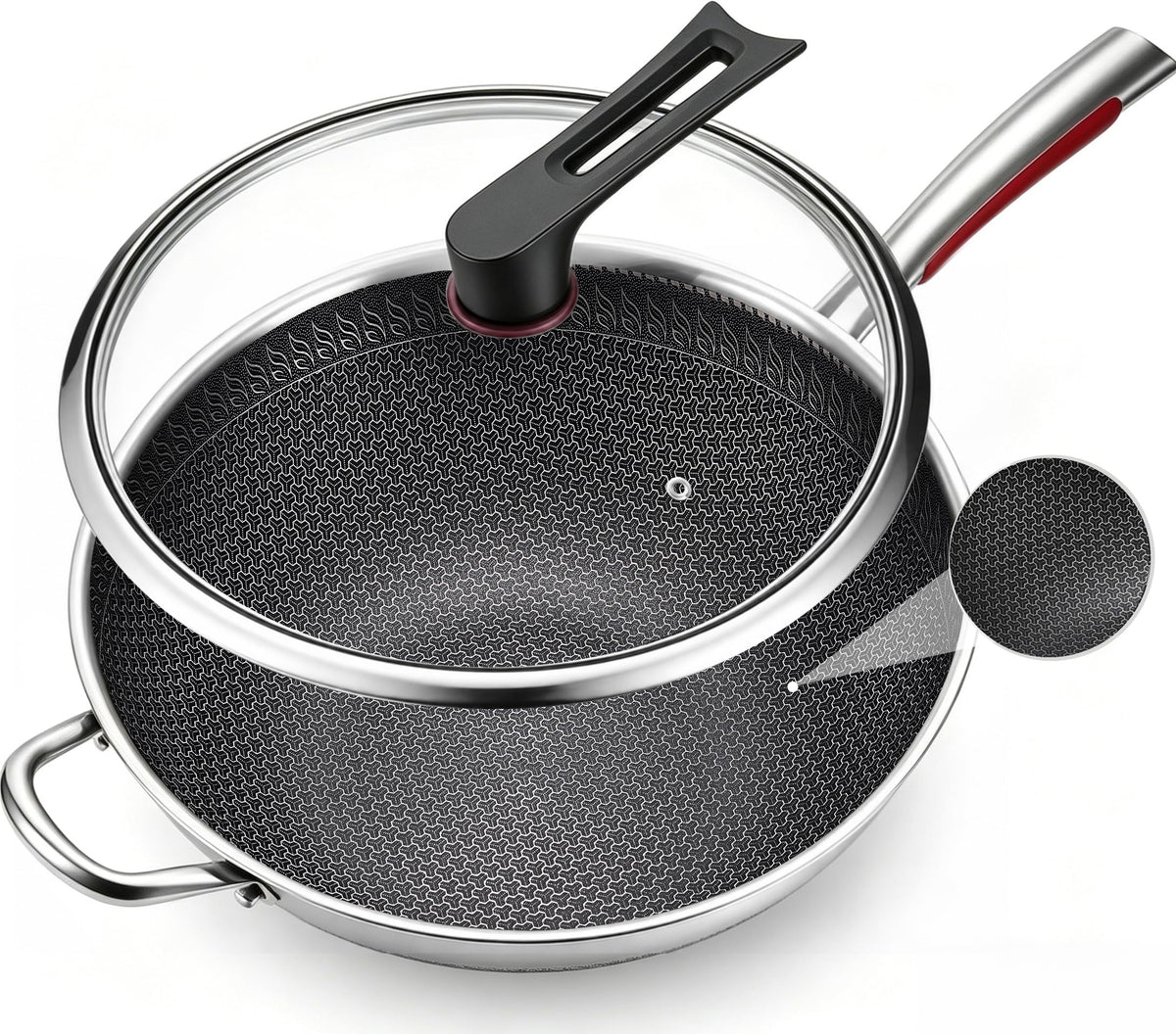 14-Inch Stainless Steel Wok Pan with Glass Lid, Tri-Ply Nonstick Wok