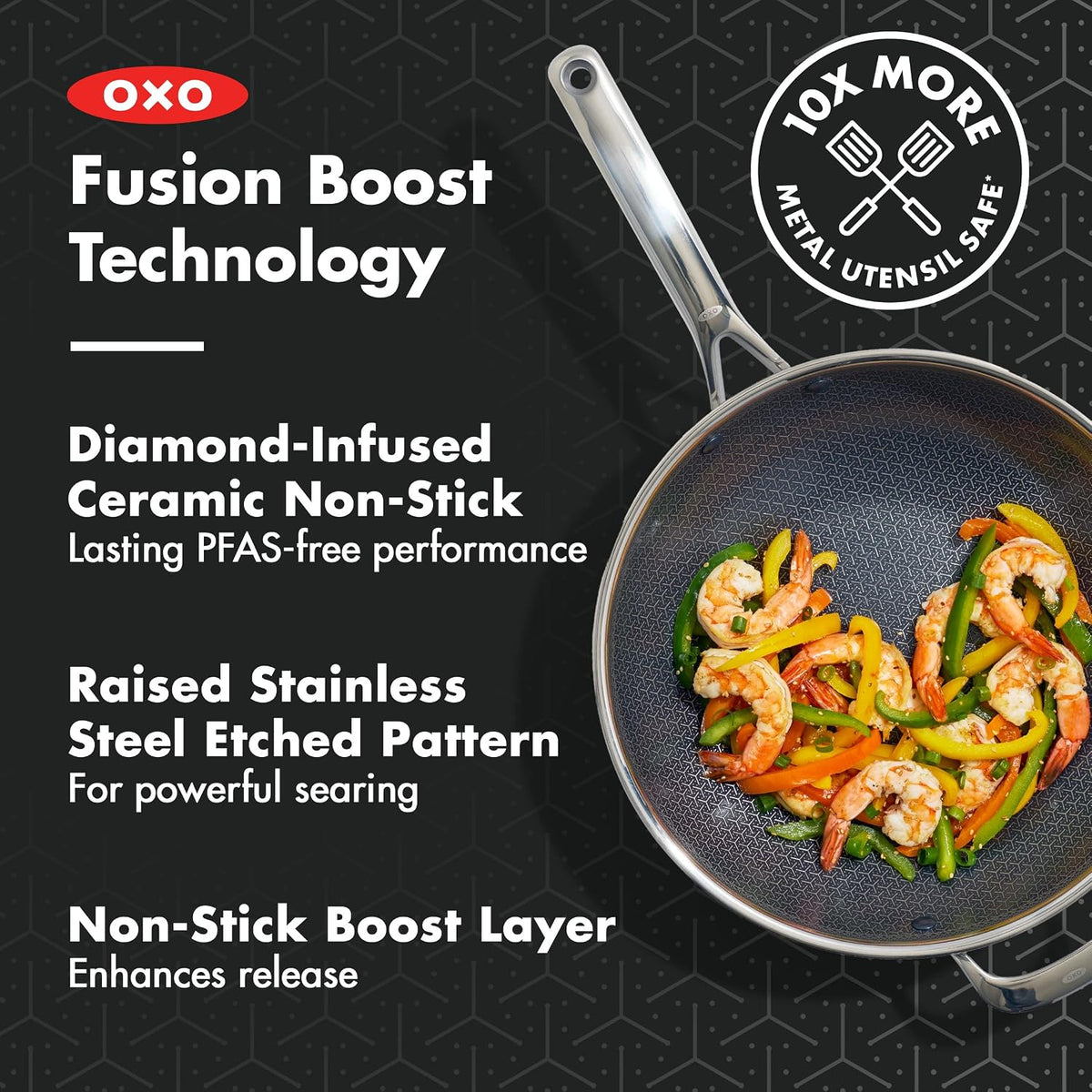 OXO Hybrid 12” Nonstick Wok with Glass Lid, PFAS-Free Ceramic Stir-Fry Pan, Induction & All Cooktop Compatible, Dishwasher Safe, Fusion Boost Tech for Powerful Searing, Mirror Polished Tri-Ply