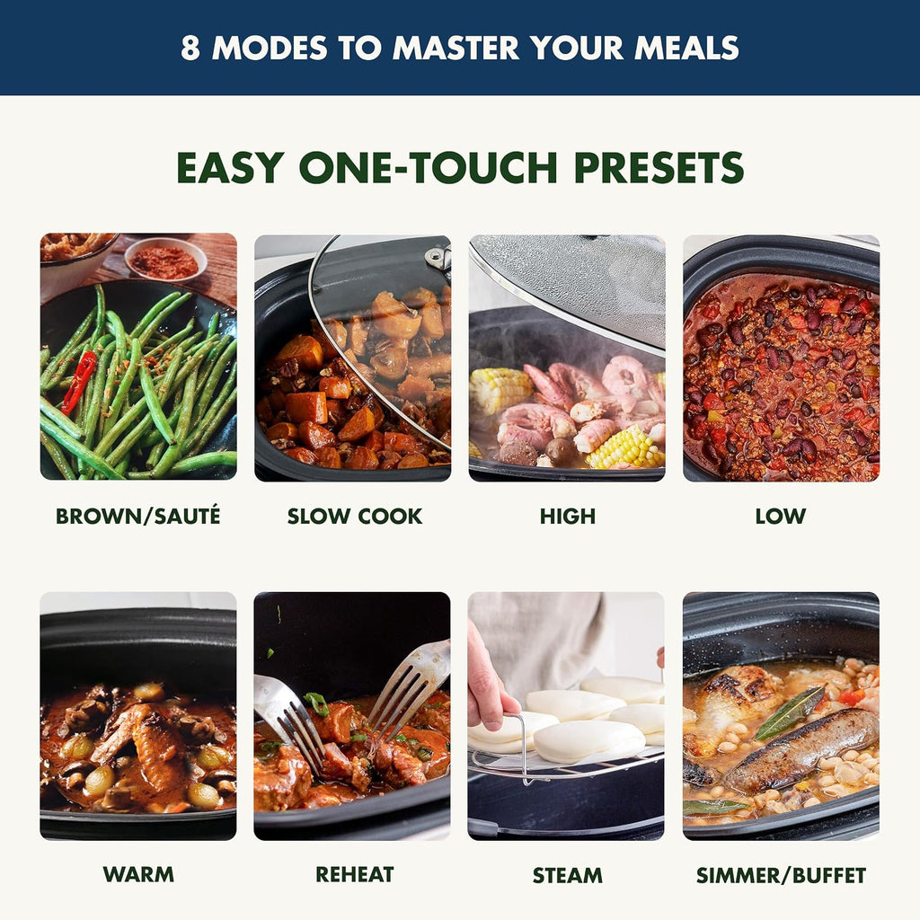 GreenPan Elite 8-in-1 Programmable 6QT Electric Slow Cooker,Dishwasher Safe Lid & Removable Crock, PFAS-Free Healthy Ceramic Nonstick Multi-Cooker,Sear, Sauté,Brown,Steam Basket,Roast, Oxford Blue